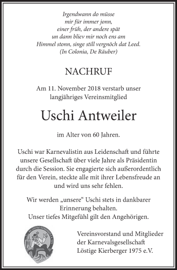 Anzeige von Uschi Antweiler von  Schlossbote/Werbekurier 