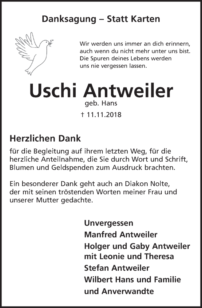  Traueranzeige für Uschi Antweiler vom 28.11.2018 aus  Schlossbote/Werbekurier 