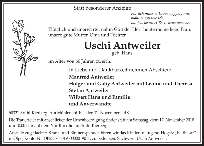  Traueranzeige für Uschi Antweiler vom 14.11.2018 aus  Schlossbote/Werbekurier 