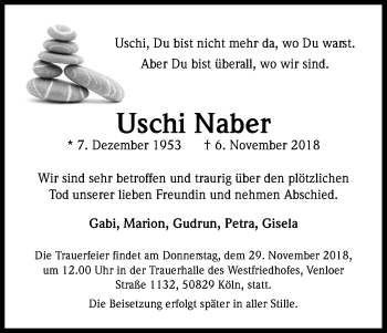 Anzeige von Uschi Naber von Kölner Stadt-Anzeiger / Kölnische Rundschau / Express