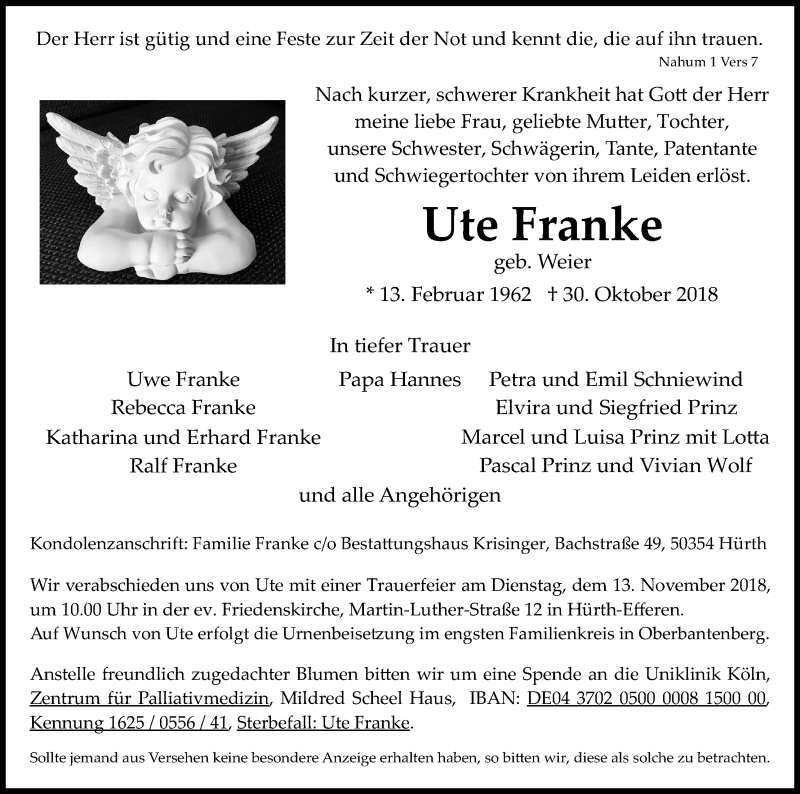  Traueranzeige für Ute Franke vom 07.11.2018 aus Kölner Stadt-Anzeiger / Kölnische Rundschau / Express