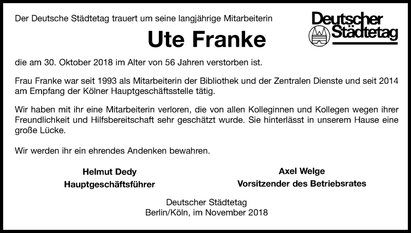  Traueranzeige für Ute Franke vom 10.11.2018 aus Kölner Stadt-Anzeiger / Kölnische Rundschau / Express