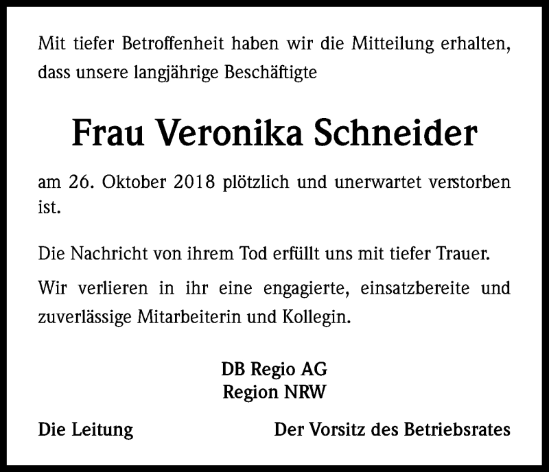  Traueranzeige für Veronika Schneider vom 09.11.2018 aus Kölner Stadt-Anzeiger / Kölnische Rundschau / Express