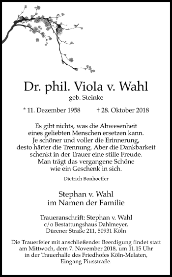 Anzeige von Viola v. Wahl von Kölner Stadt-Anzeiger / Kölnische Rundschau / Express