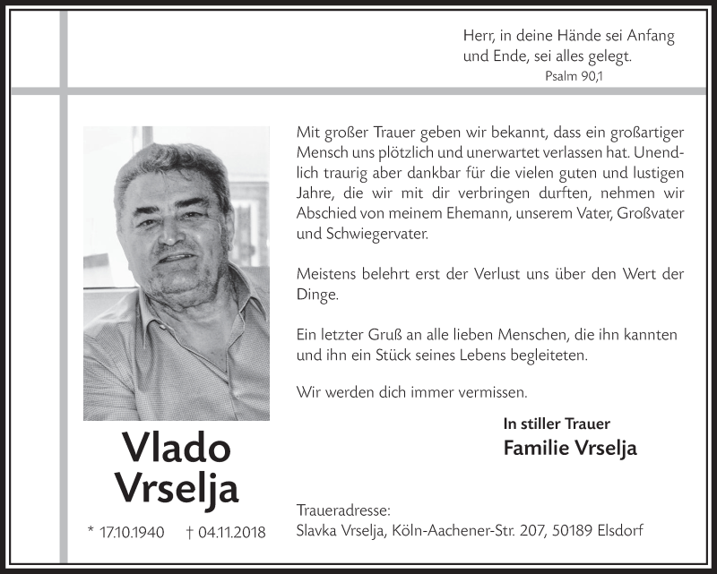  Traueranzeige für Vlado Vrselja vom 24.11.2018 aus  Sonntags-Post 