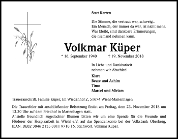 Anzeige von Volkmar Küper von Kölner Stadt-Anzeiger / Kölnische Rundschau / Express
