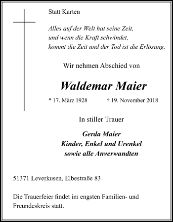 Anzeige von Waldemar Maier von Kölner Stadt-Anzeiger / Kölnische Rundschau / Express