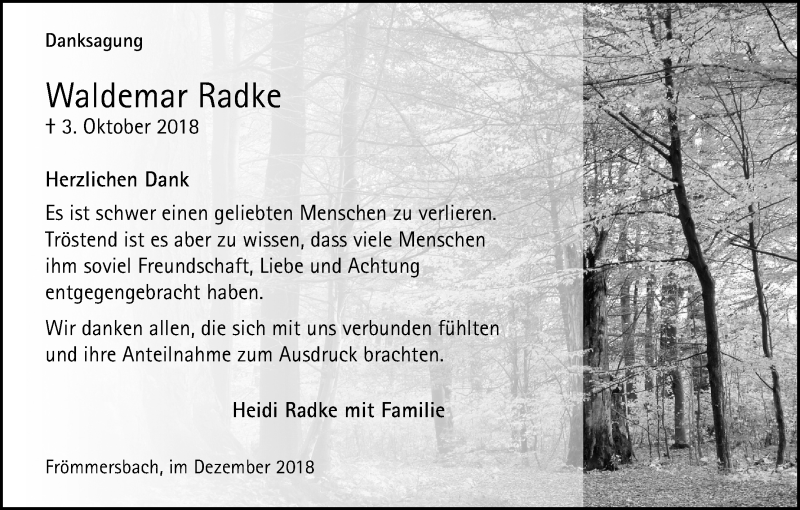  Traueranzeige für Waldemar Radke vom 01.12.2018 aus Kölner Stadt-Anzeiger / Kölnische Rundschau / Express