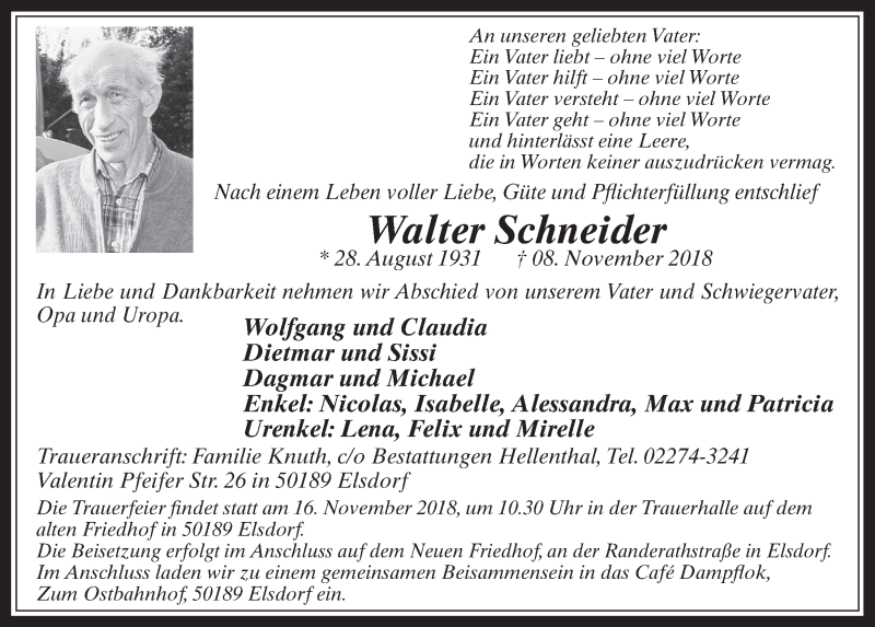  Traueranzeige für Walter Schneider vom 14.11.2018 aus  Werbepost 