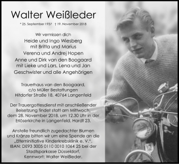 Anzeige von Walter Weißleder von Kölner Stadt-Anzeiger / Kölnische Rundschau / Express