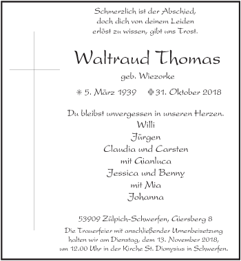 Anzeige von Waltraud Thomas von  Blickpunkt Euskirchen 