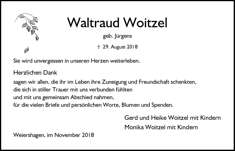  Traueranzeige für Waltraud Woitzel vom 07.11.2018 aus  Anzeigen Echo 