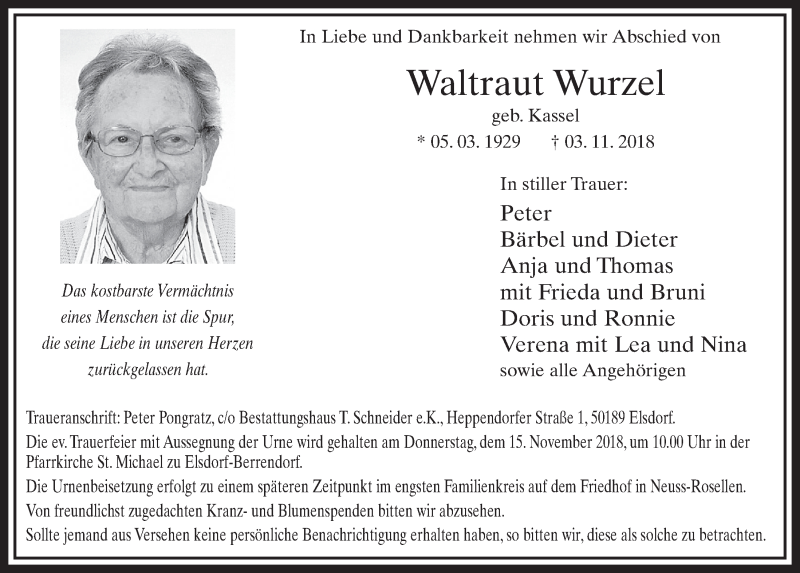  Traueranzeige für Waltraut Wurzel vom 14.11.2018 aus  Werbepost 