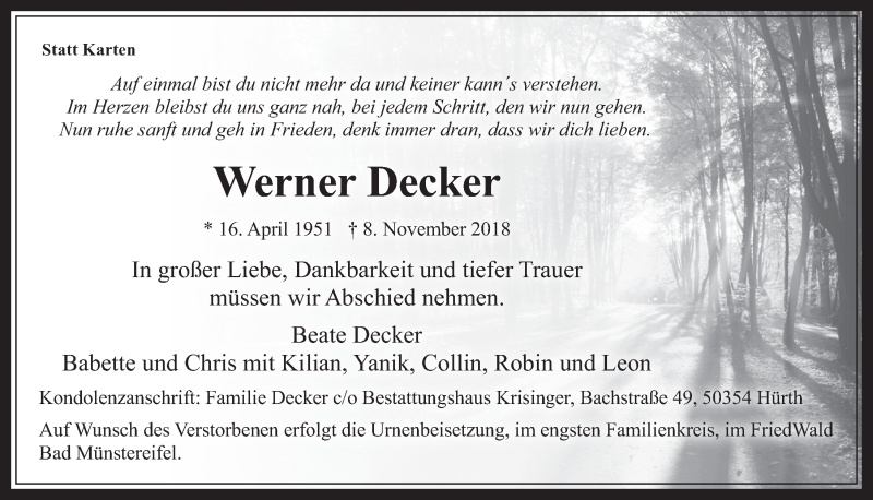  Traueranzeige für Werner Decker vom 14.11.2018 aus  Wochenende 