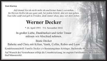 Anzeige von Werner Decker von  Wochenende 