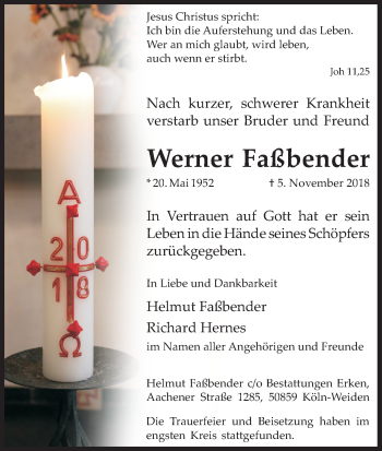 Anzeige von Werner Faßbender von Kölner Stadt-Anzeiger / Kölnische Rundschau / Express