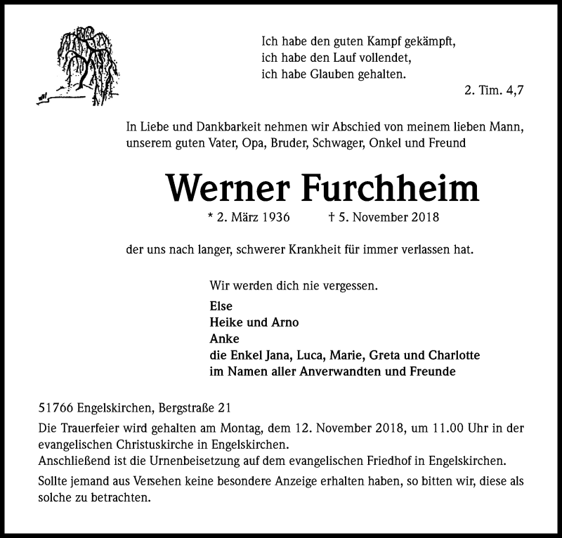  Traueranzeige für Werner Furchheim vom 08.11.2018 aus Kölner Stadt-Anzeiger / Kölnische Rundschau / Express