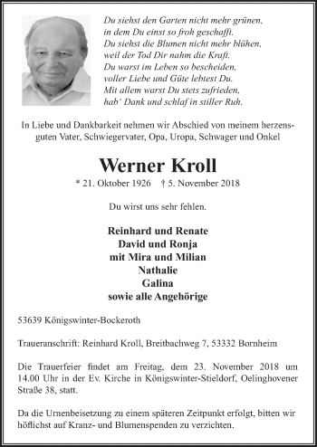 Anzeige von Werner Kroll von  Rhein-Sieg-Wochenende 