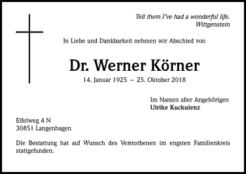 Anzeige von Werner Körner von Kölner Stadt-Anzeiger / Kölnische Rundschau / Express