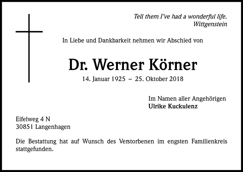  Traueranzeige für Werner Körner vom 01.12.2018 aus Kölner Stadt-Anzeiger / Kölnische Rundschau / Express