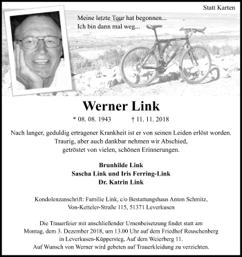 Anzeige von Werner Link von Kölner Stadt-Anzeiger / Kölnische Rundschau / Express