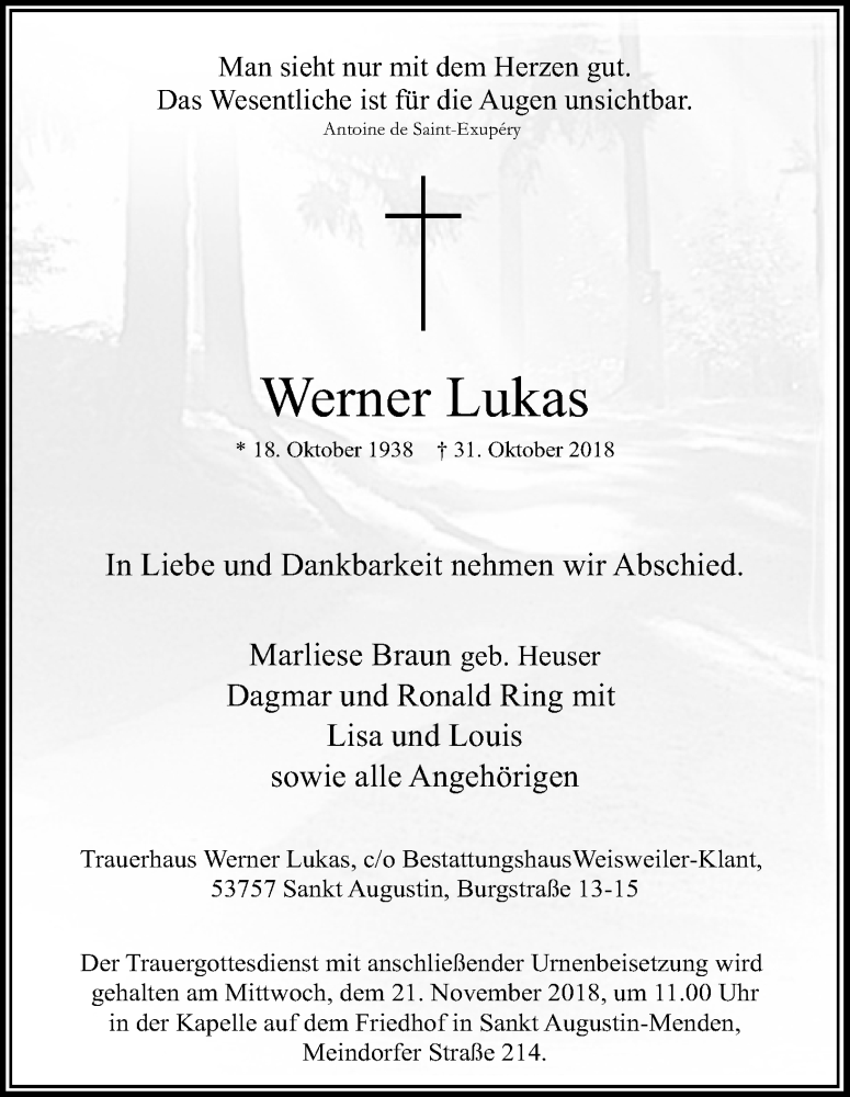  Traueranzeige für Werner Lukas vom 10.11.2018 aus Kölner Stadt-Anzeiger / Kölnische Rundschau / Express