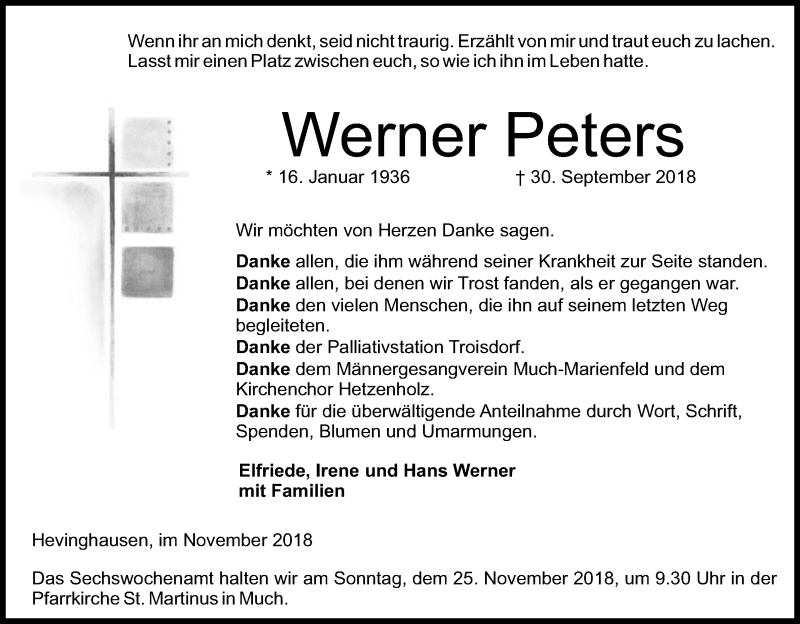  Traueranzeige für Werner Peters vom 17.11.2018 aus Kölner Stadt-Anzeiger / Kölnische Rundschau / Express