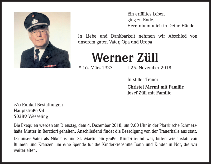  Traueranzeige für Werner Züll vom 01.12.2018 aus Kölner Stadt-Anzeiger / Kölnische Rundschau / Express