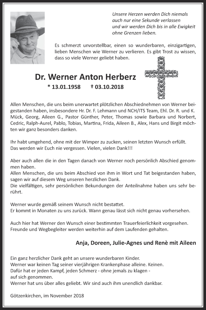  Traueranzeige für Werner Anton Herberz vom 21.11.2018 aus  Werbepost 