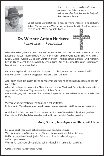 Anzeige von Werner Anton Herberz von  Werbepost 