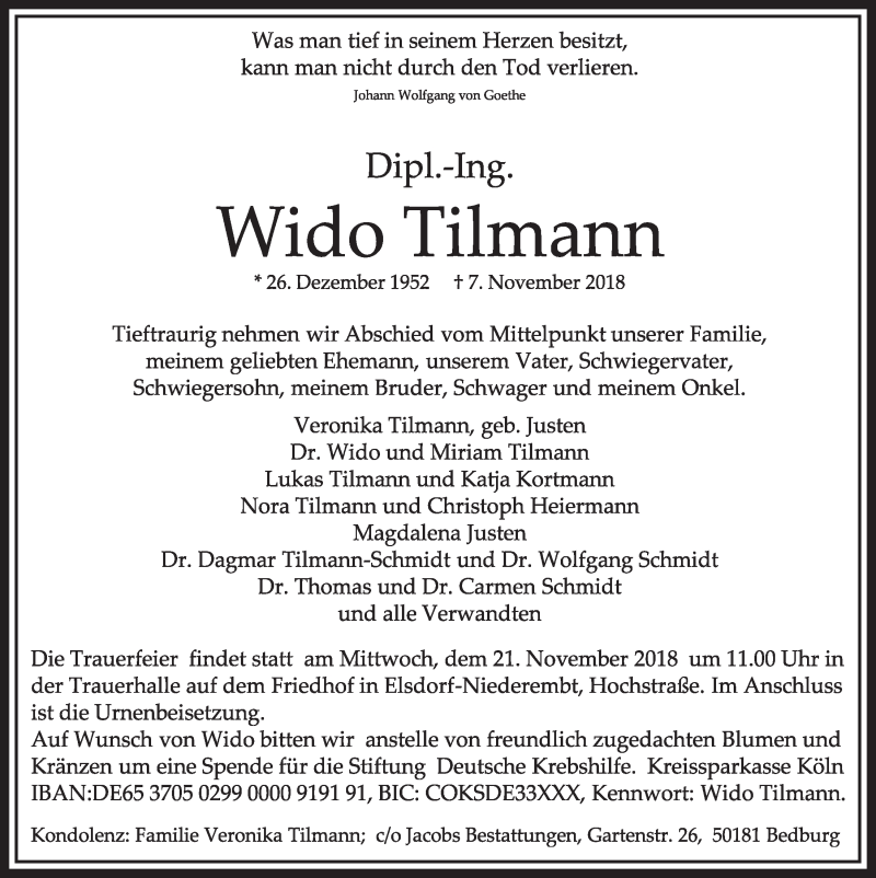  Traueranzeige für Wido Tilmann vom 17.11.2018 aus  Sonntags-Post 