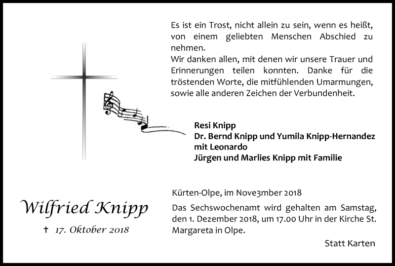  Traueranzeige für Wilfried Knipp vom 21.11.2018 aus Kölner Stadt-Anzeiger / Kölnische Rundschau / Express