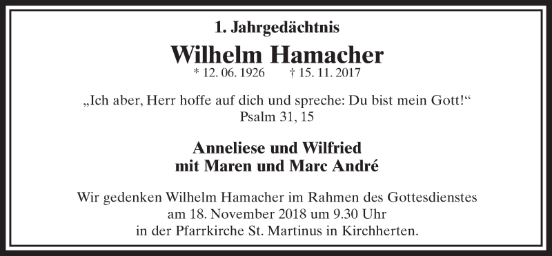 Traueranzeige für Wilhelm Hamacher vom 10.11.2018 aus  Sonntags-Post 