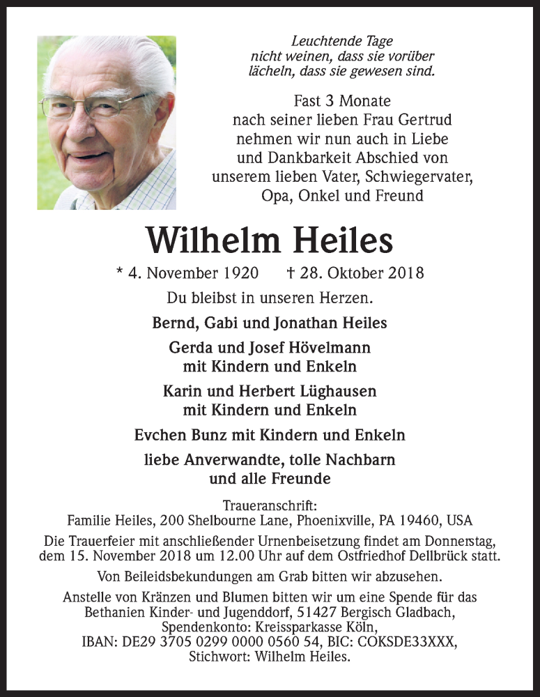  Traueranzeige für Wilhelm Heiles vom 10.11.2018 aus Kölner Stadt-Anzeiger / Kölnische Rundschau / Express