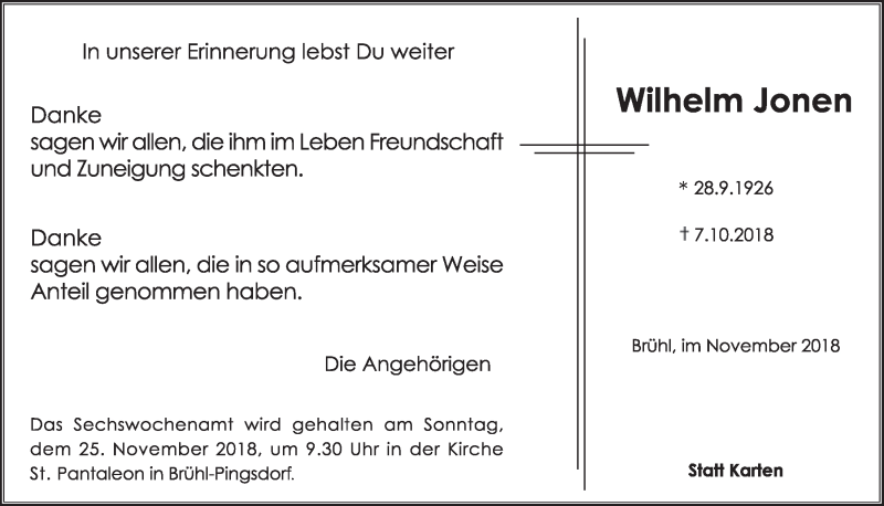  Traueranzeige für Wilhelm Jonen vom 14.11.2018 aus  Schlossbote/Werbekurier 