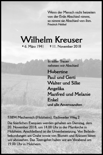Anzeige von Wilhelm Kreuser von Kölner Stadt-Anzeiger / Kölnische Rundschau / Express