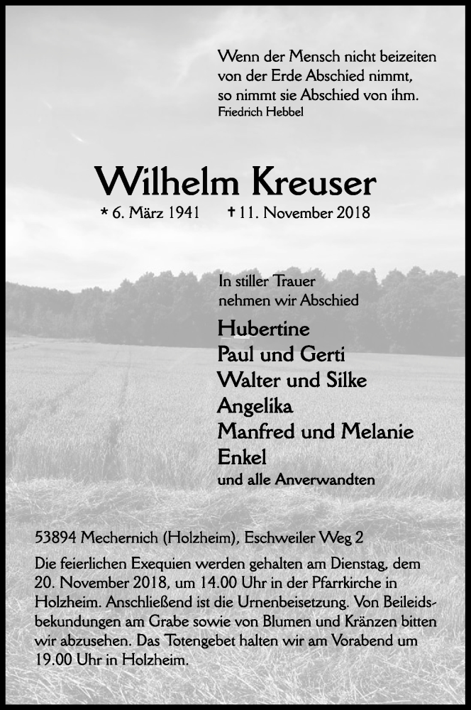  Traueranzeige für Wilhelm Kreuser vom 16.11.2018 aus Kölner Stadt-Anzeiger / Kölnische Rundschau / Express