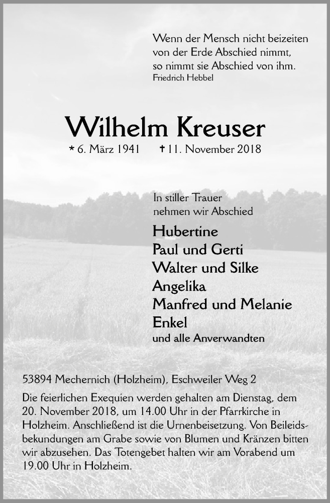  Traueranzeige für Wilhelm Kreuser vom 17.11.2018 aus  Blickpunkt Euskirchen 