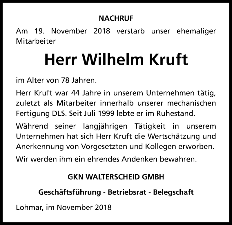  Traueranzeige für Wilhelm Kruft vom 27.11.2018 aus Kölner Stadt-Anzeiger / Kölnische Rundschau / Express