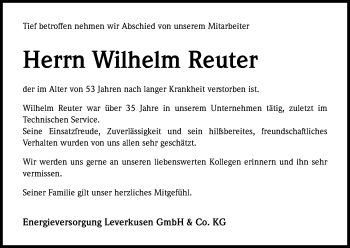 Anzeige von Wilhelm Reuter von Kölner Stadt-Anzeiger / Kölnische Rundschau / Express
