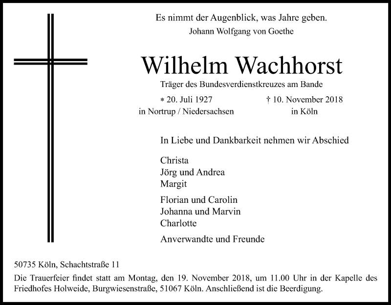  Traueranzeige für Wilhelm Wachhorst vom 15.11.2018 aus Kölner Stadt-Anzeiger / Kölnische Rundschau / Express