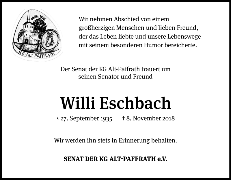  Traueranzeige für Willi Eschbach vom 17.11.2018 aus Kölner Stadt-Anzeiger / Kölnische Rundschau / Express
