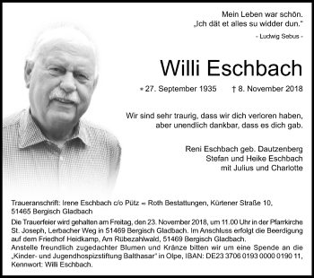 Anzeige von Willi Eschbach von Kölner Stadt-Anzeiger / Kölnische Rundschau / Express