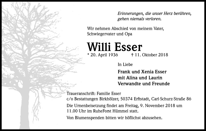  Traueranzeige für Willi Esser vom 03.11.2018 aus Kölner Stadt-Anzeiger / Kölnische Rundschau / Express