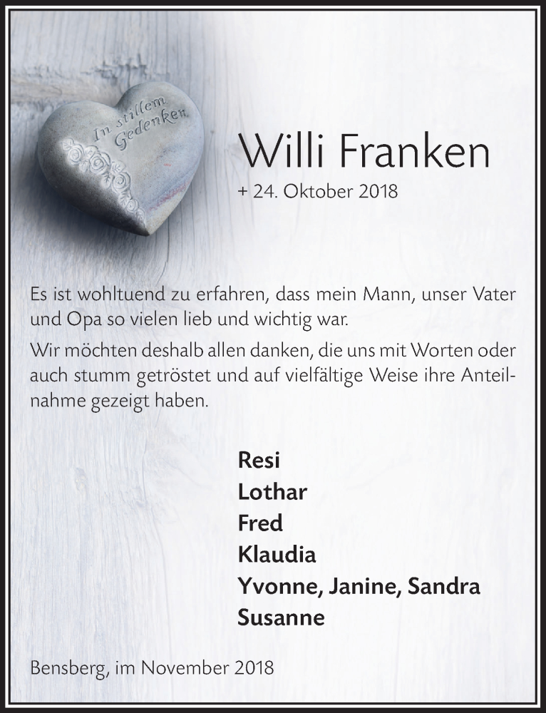  Traueranzeige für Willi Franken vom 21.11.2018 aus  Bergisches Handelsblatt 