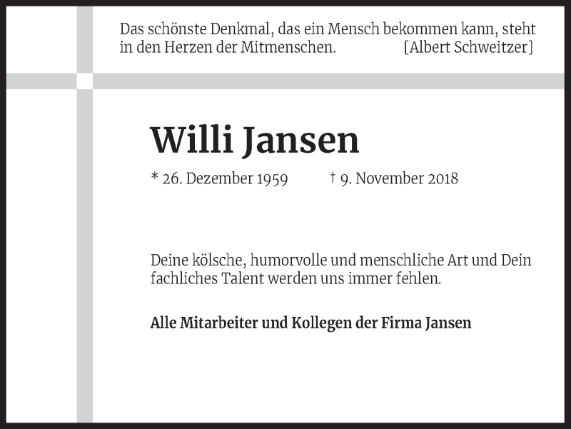  Traueranzeige für Willi Jansen vom 24.11.2018 aus Kölner Stadt-Anzeiger / Kölnische Rundschau / Express