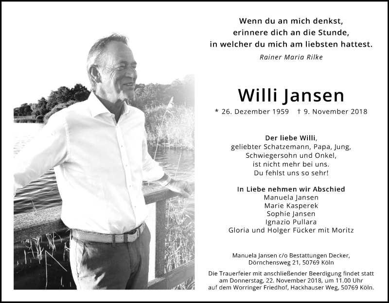  Traueranzeige für Willi Jansen vom 17.11.2018 aus Kölner Stadt-Anzeiger / Kölnische Rundschau / Express