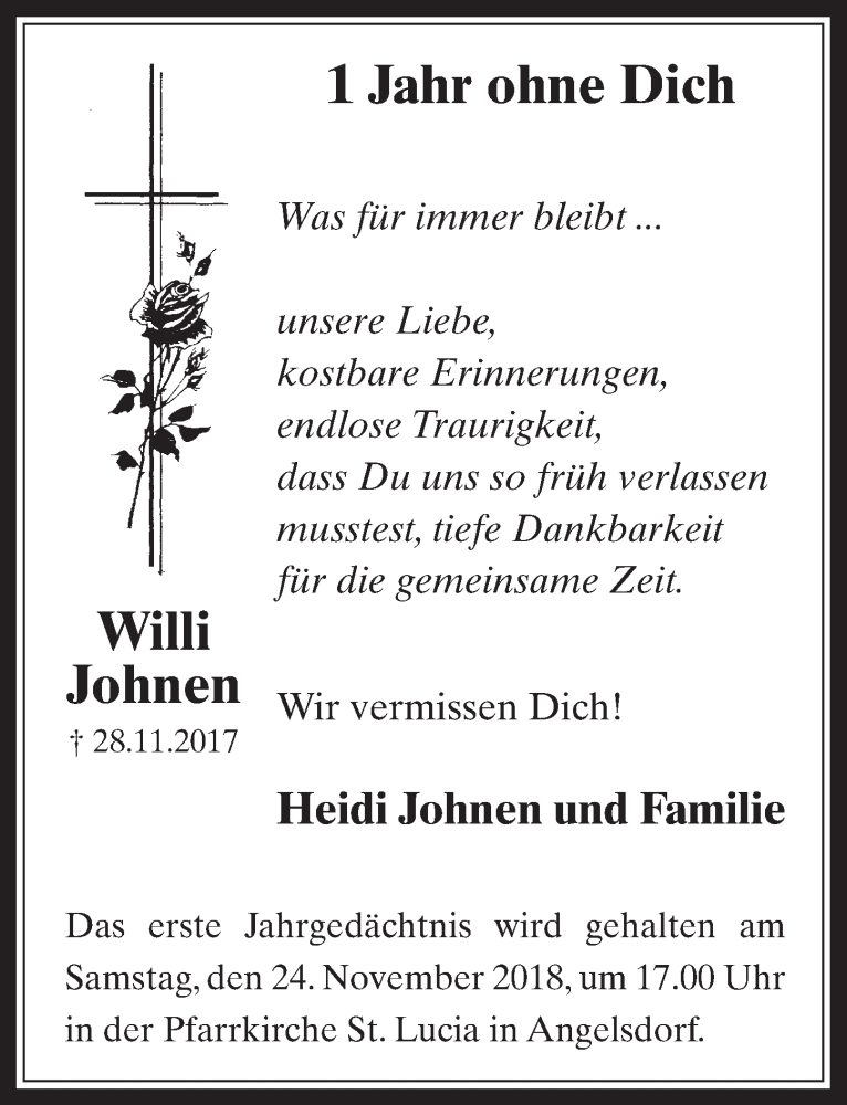  Traueranzeige für Willi Johnen vom 14.11.2018 aus  Werbepost 