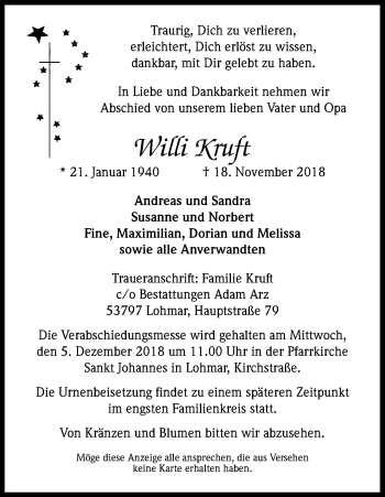 Anzeige von Willi Kruft von Kölner Stadt-Anzeiger / Kölnische Rundschau / Express