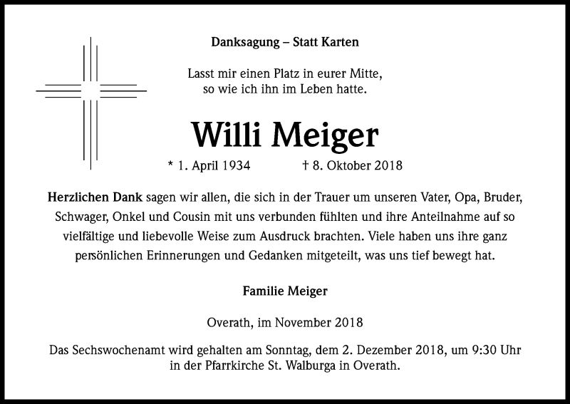 Traueranzeige für Willi Meiger vom 24.11.2018 aus Kölner Stadt-Anzeiger / Kölnische Rundschau / Express